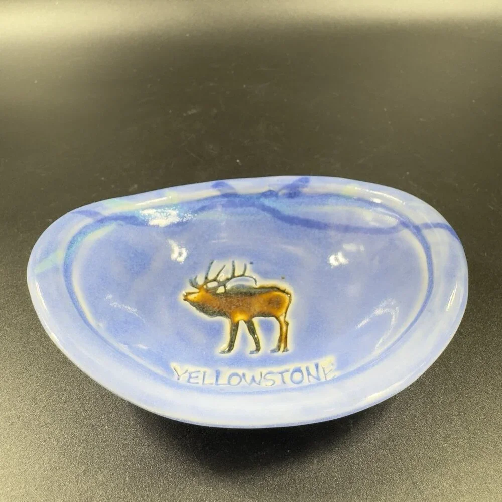 Vintage Yellowstone Pottery Ceramic Oval Trinket Holder Dish Small Plate Blue